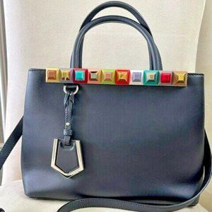 Fendi 2Jours Rainbow Petite Studded Black Leather Crossbody tote handbag purse
